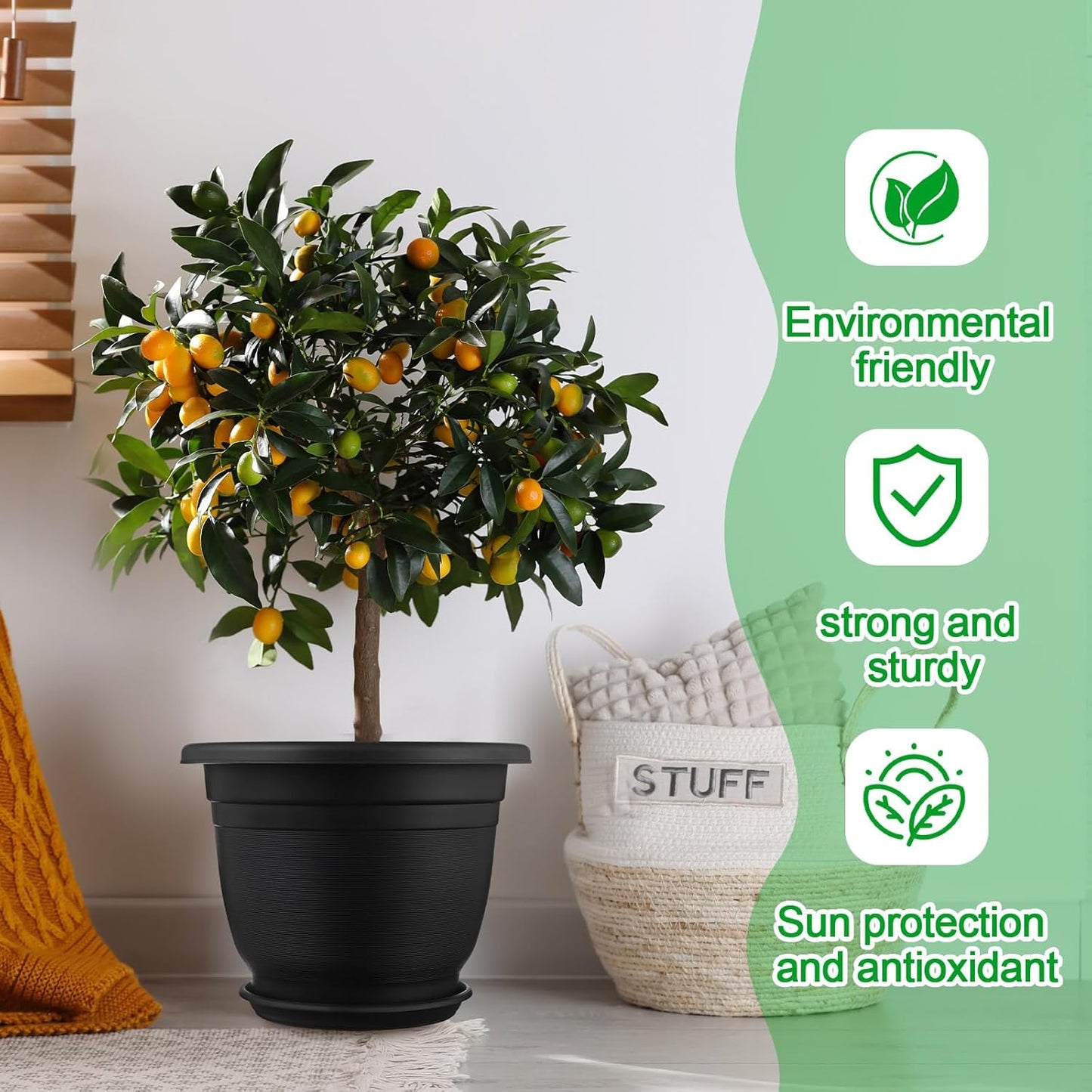 12 Pack Plastic Plant Pots Round Planter Pots with Saucer Tray Seedling Pot Hole Seed Resin Plant Pot Starting Nursery Flower Container with Pallet for Garden Outdoor Indoor (Black,12'')