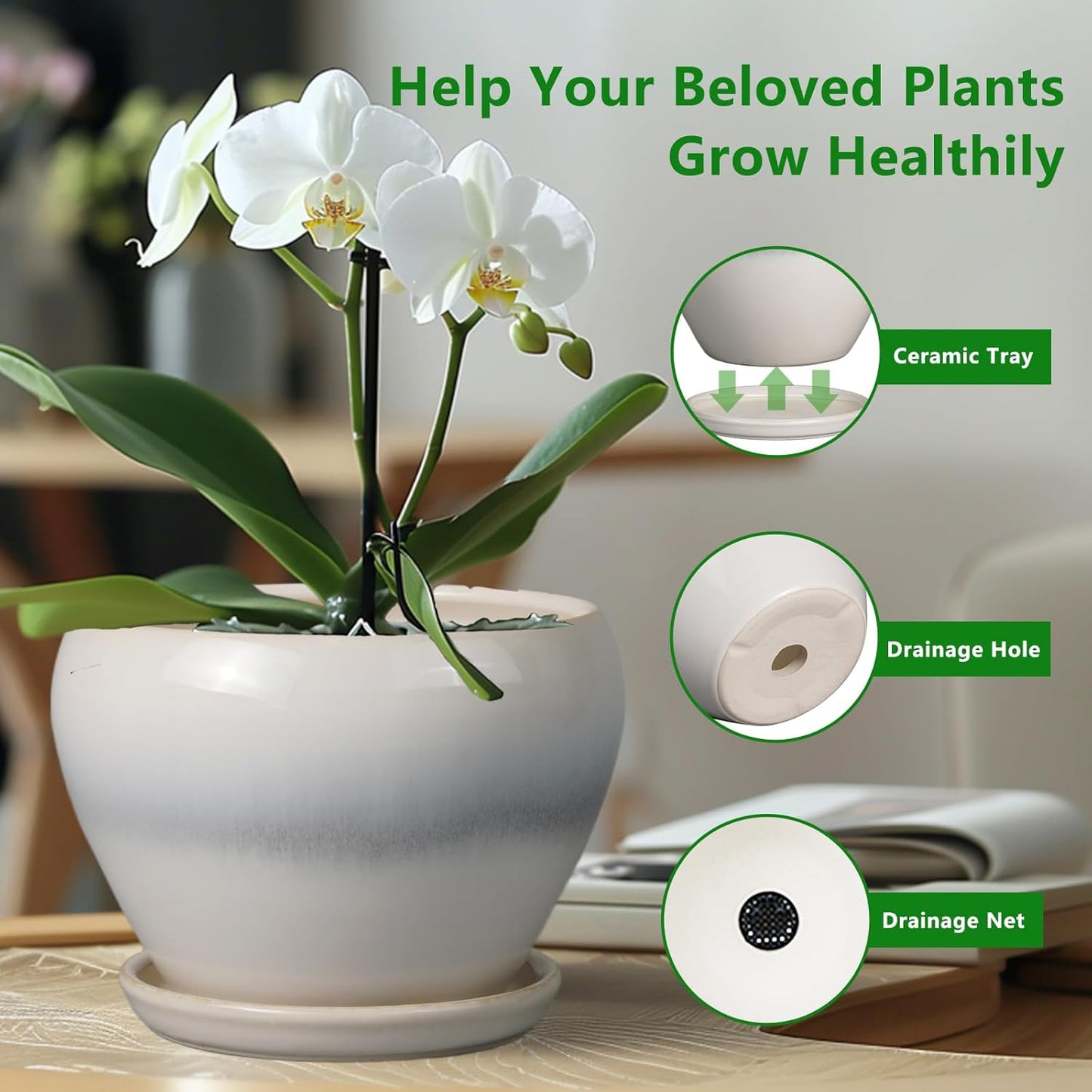10 Inch Ceramic Planter Pot - Large Plant Pot with Drainage Hole and Saucer Round Flower Pot for Indoor Plants, White