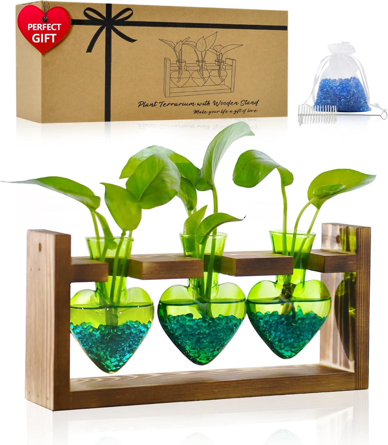 Nacome Plant Terrarium for Office Decor: Birthday Gifts for Plant Lovers Women Mom Wife - Wooden Stand Tabletop Planter 3 Bulb Glass Vase Heart Shaped for Hydroponics Indoor Home(Green)