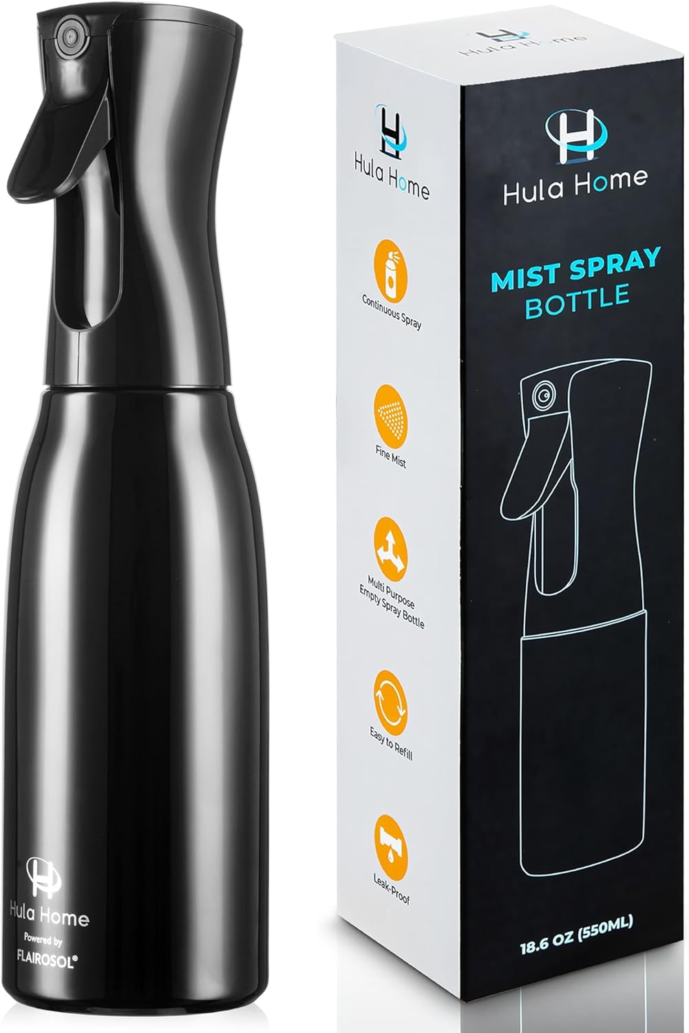 Hula Home Spray Bottle for Hair (20oz/590ml) - Powered by Flairosol® Spray Technology - Continuous Ultra Fine Mist Sprayer – For Hairstyling, Cleaning, Salons, Plants, Essential Oil & More - Black