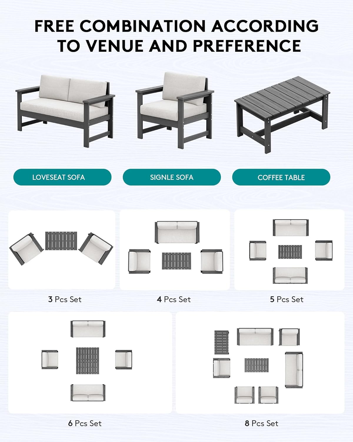 SERWALL 4 Pieces HDPE Outdoor Sofa Set with Cushions, All Weather Use Loveseat Furniture Sofa Set, Outdoor Conversation Couch with Coffee Table for Patio, Grey Frame with Khaki Cushions