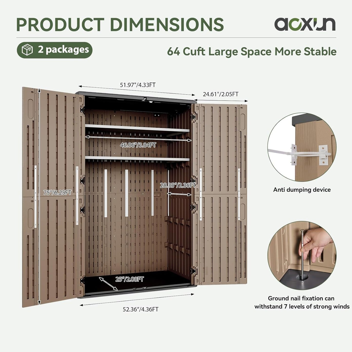 Aoxun Outdoor Storage Shed with 2 Shelves & Floor, 64 Cu.Ft Large Outdoor Storage Cabinet, Waterproof Vertical Resin Shed for Garden Tools, Pool Equipment, Brown