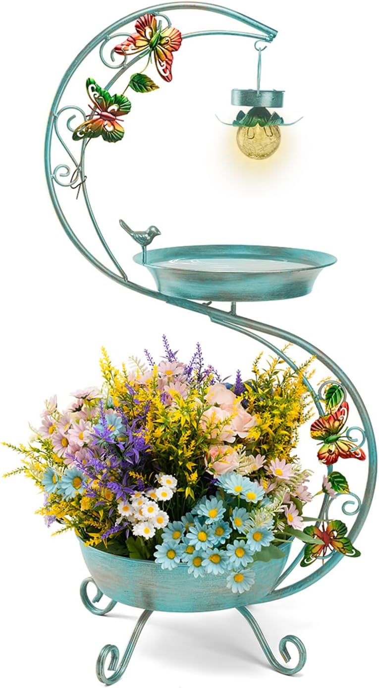 Bird Bath for Outside with Solar Lamp, 36" Birdbaths for Outdoors with Planter Flower Pot, Metal Bird Bath Bowl for Garden Yard Decor (All Blue Green)