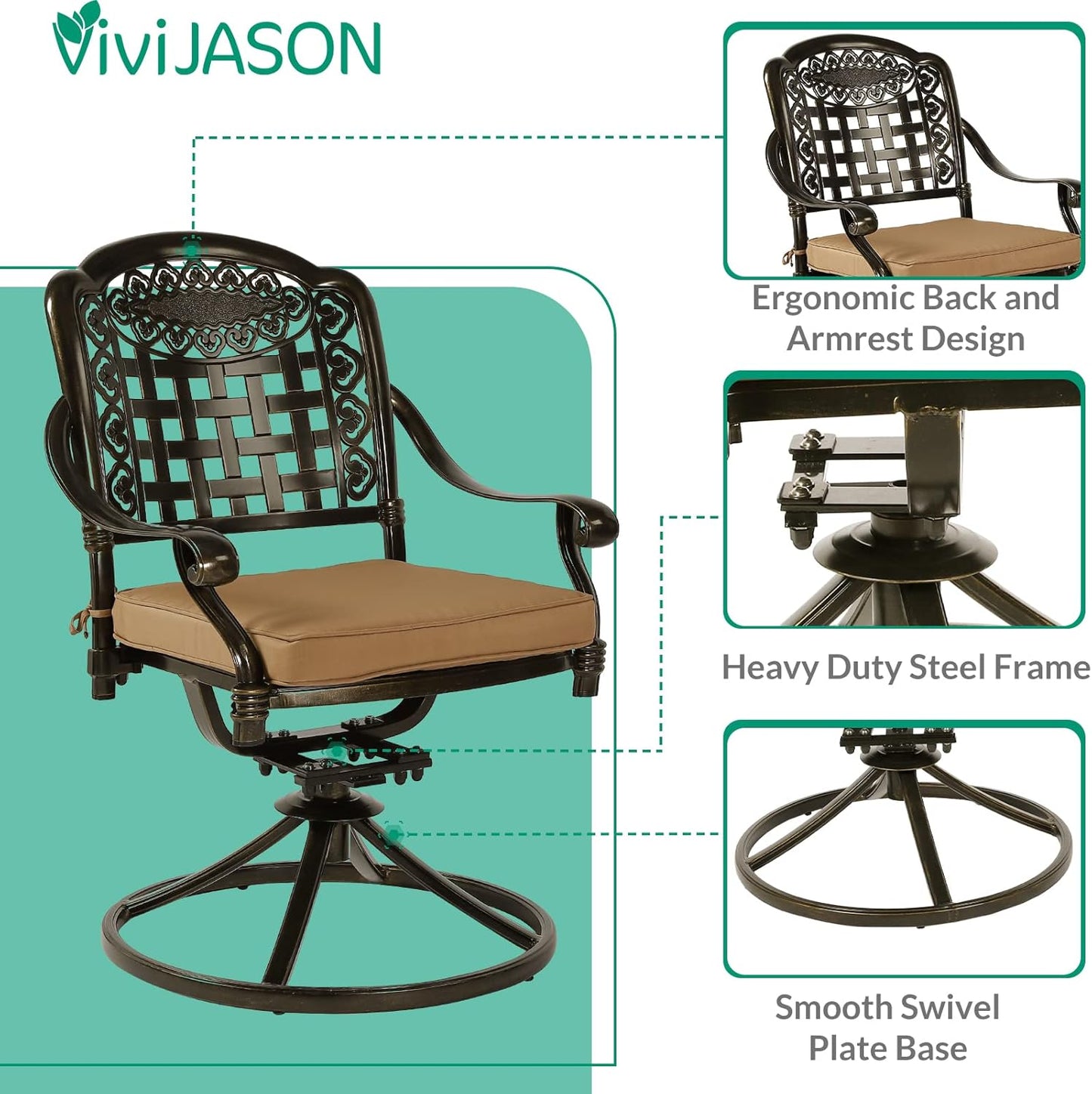 VIVIJASON 3-Piece Patio Bistro Set, Outdoor All-Weather Cast Aluminum Furniture Dining Set, Include 2 Swivel Chairs and 31" Round Table w/Umbrella Hole for Balcony, Lawn, Garden, Antique Bronze