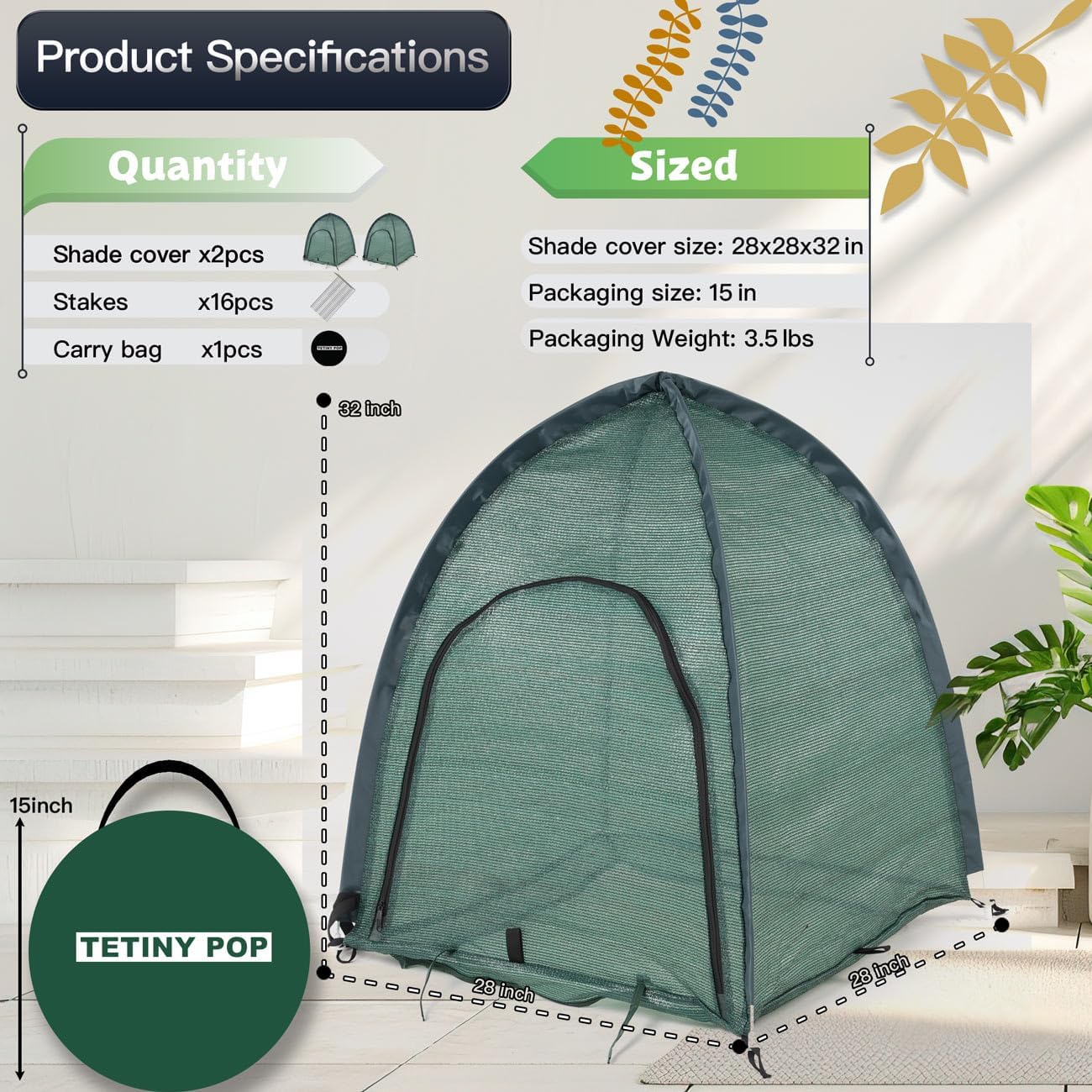 2pack Pop up Plant Sunshade Cloth,Plant Sun Shade Net for Flower UV Resistant Pest Guard Cover for Outdoor Gardens Sunblock Shade Cover with Carry Bag and 16 Stakes (Green)