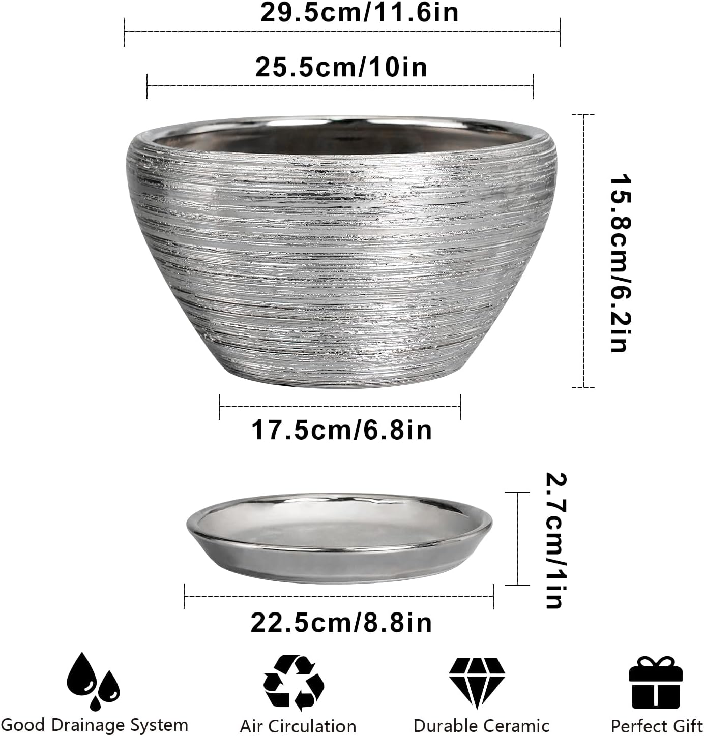 Flower Pot for Indoor Plants - Ceramic Planter 11 Inch Plant Pot with Drainage Hole and Saucer Large Decorative Planter Outdoor Mid-Century Planter for House Decor Silver