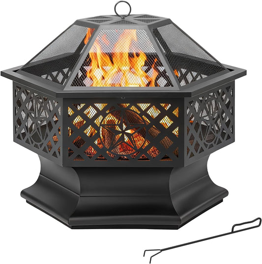 28 Inch Hexagonal Fire Pit,Wood Burning Firepits for Outside with Spark Screen&Poker,Metal Hex-Shaped Outdoor Fire Pit for Outside,Backyard,Bonfire,Patio,Garden,Picnic and Camping（Black）
