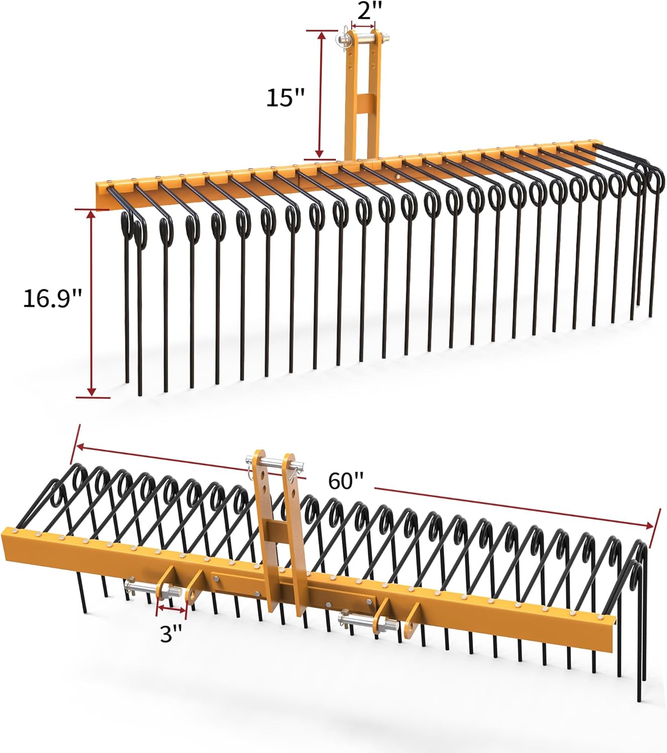 YITAMOTOR 60" Durable Powder Coated Steel Pine Straw Rake Steel Spring Landscape Rake Attaches to Cat-0 Cat-1,3 Point Hitch for Tractor, Yellow