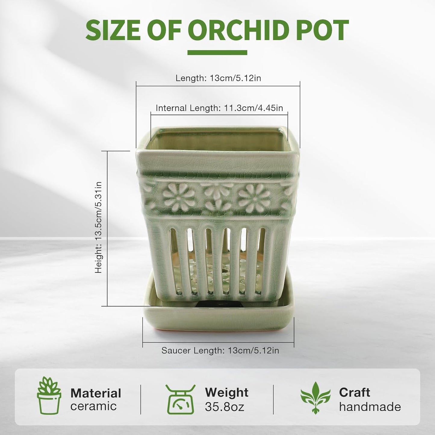 Orchid Pots with Holes | 5" Ceramic Orchid Planter with Separate Saucer and Drainage Holes | Glazed Pottery Small Flower Pot for Repotting Orchids(Green)