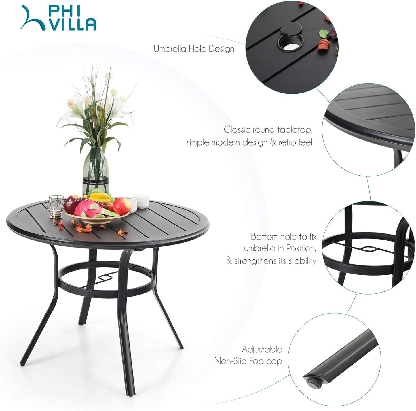 PHI VILLA 5 Piece Patio Dining Set, 4 Swivel Patio Chairs and 1 Round Metal Table with 1.57" Umbrella Hole, All Weather Resistant for Lawn Garden
