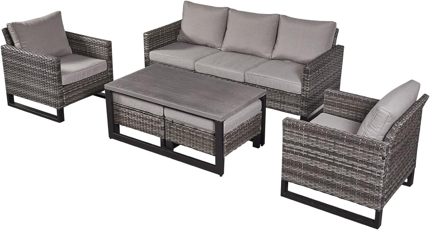 HUMMUH 6 Piece Patio Furniture All Weather Wicker Outdoor Sectional Sofa,High Back Patio Chairs,Coffee Table and Ottomans Set for Porch,Garden,Backyard