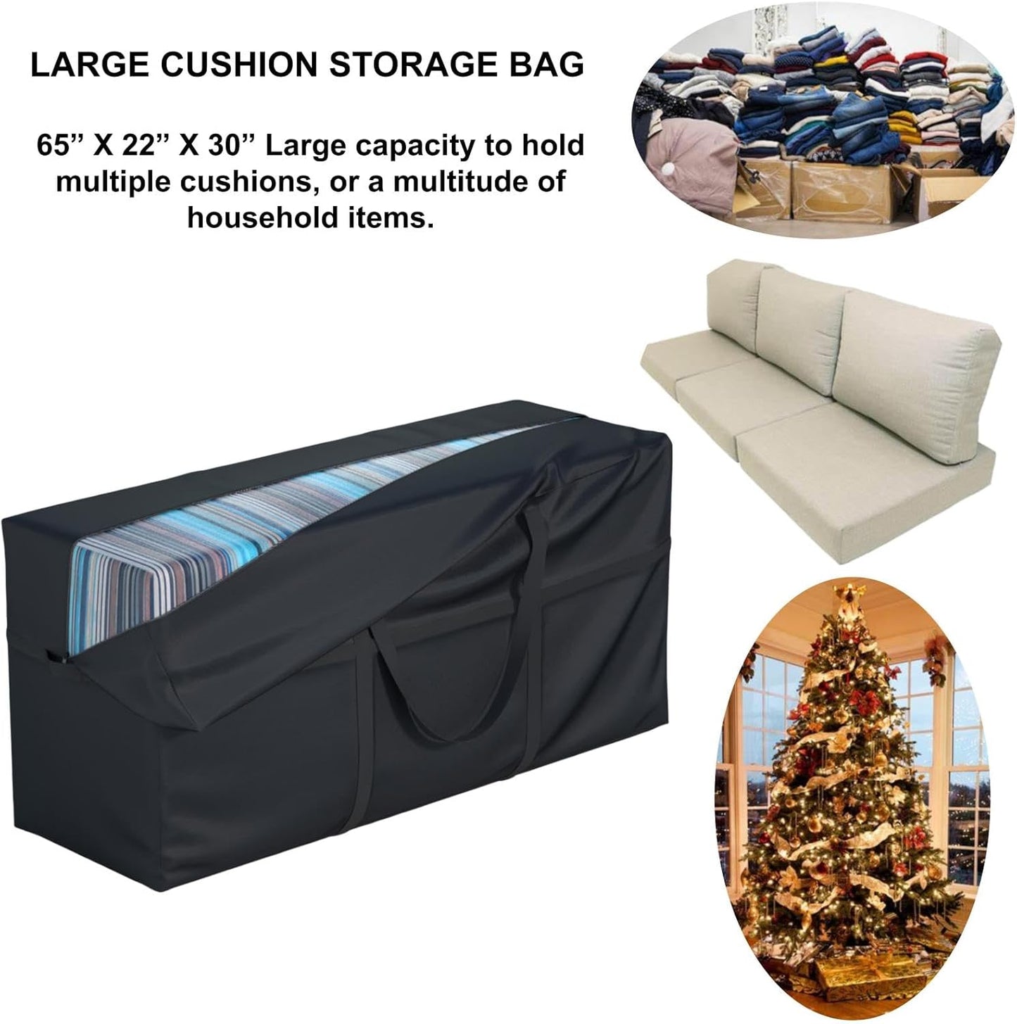 Heavy Duty 600D Waterproof Patio Extra Large Outdoor Cushion Furniture Storage Bag with Handles with Zipper L 65“ x W 22” x H 30”, Storage Bag with Waterproof Cover