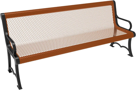 Heavy-Duty Outdoor Bench Thermoplastic Coated, Expanded Metal, Commercial-Grade Garden Bench, Made in America (Portable with Back, 6 Ft, Textured Copper)