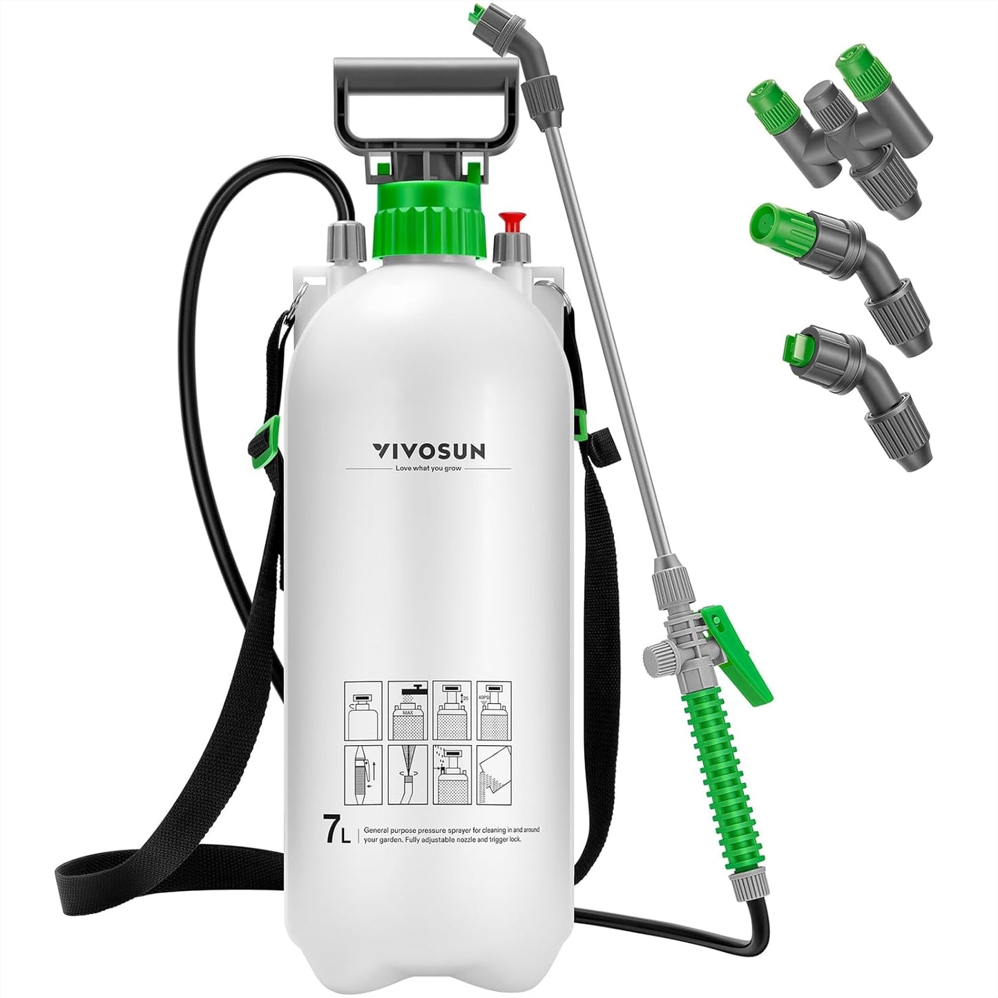 VIVOSUN Pump Sprayer 1.8 Gallon, Portable Water Spray Bottle in Lawn and Garden Yard, Weed Sprayer for Plants with 3 Nozzles, Adjustable Shoulder Strap, Pressure Relief Valve