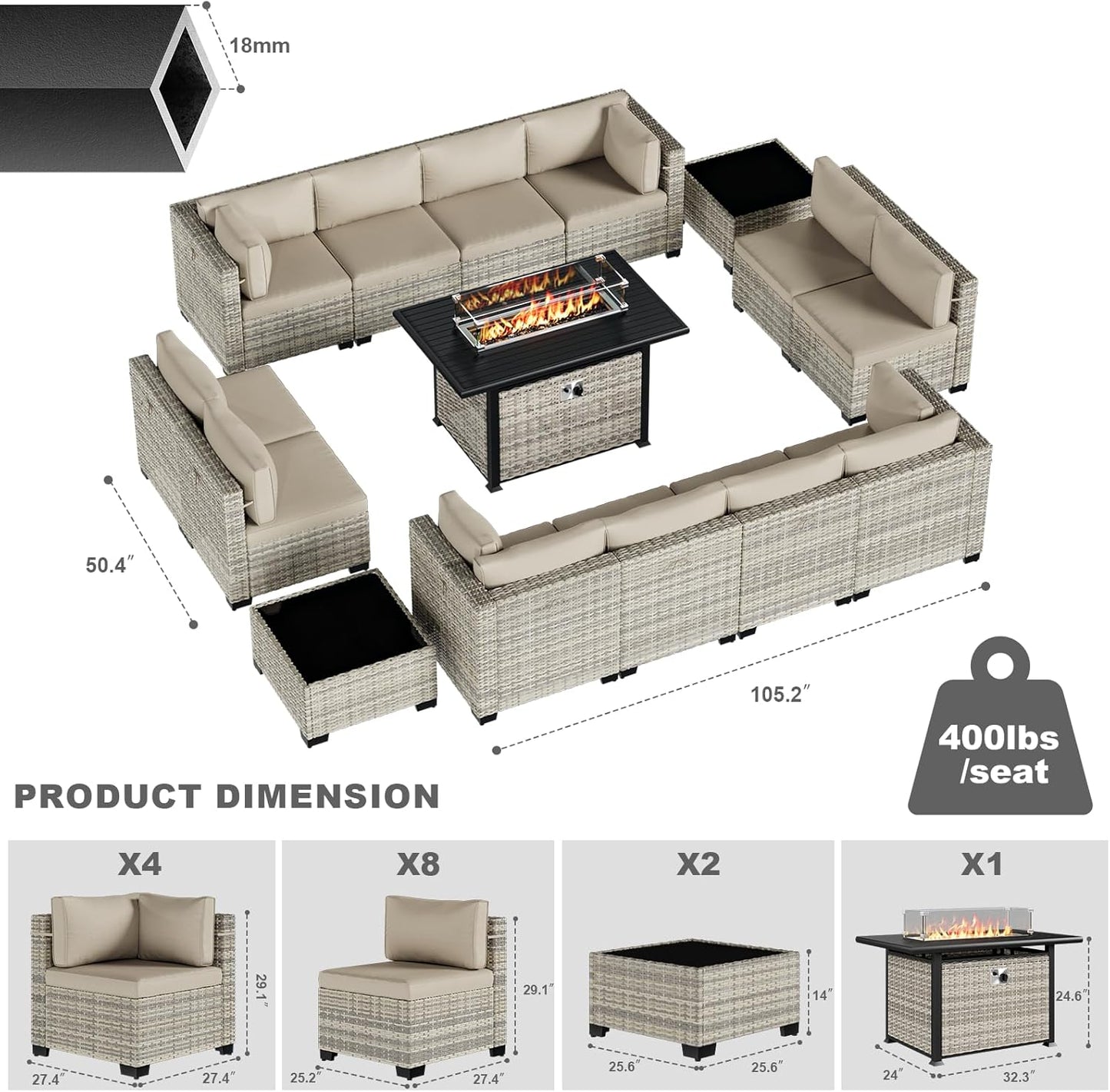 15-Piece Patio Furniture Set, Outdoor Patio Furniture with 55,000 BTU Fire Pit Table, Thick Cushions, Modular Patio Sofa, Dual-Strand Wicker Rattan, Rust-Resistant Frame, Khaki