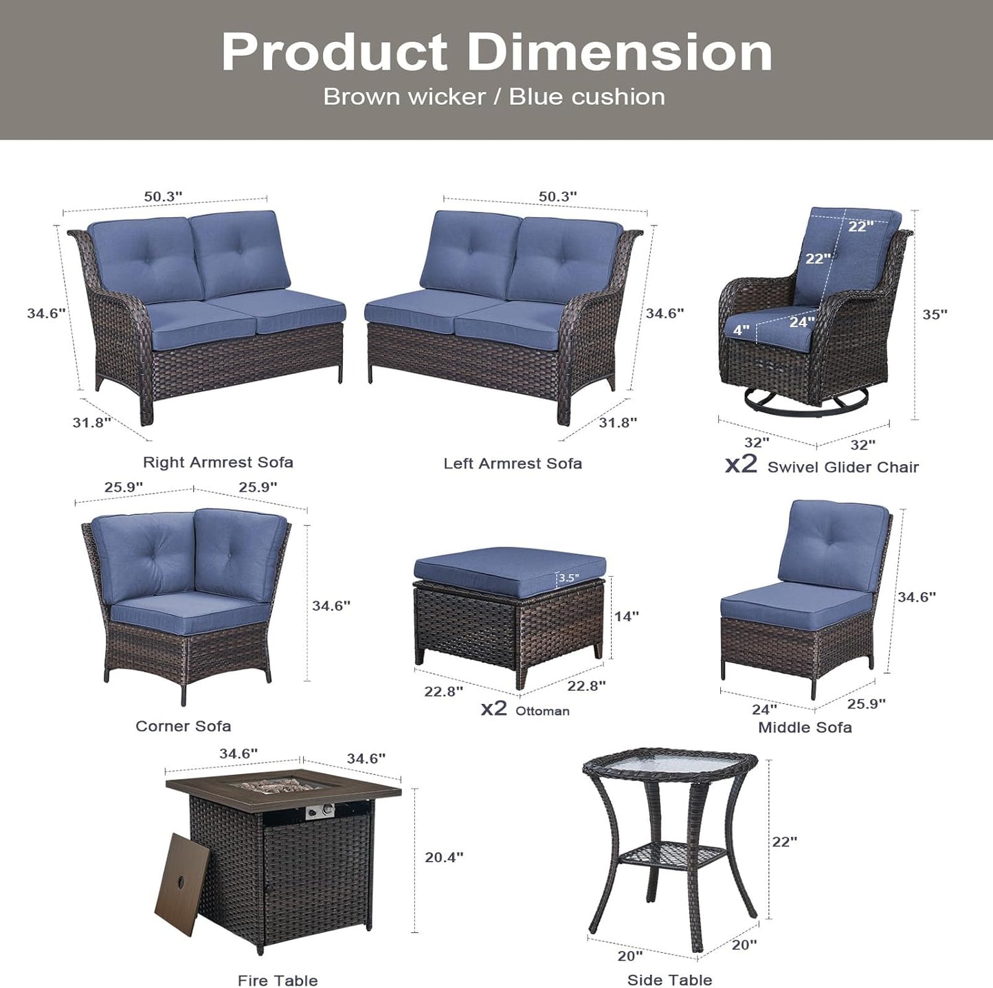 Outdoor Sectional Furniture Sofa Set with 50000BTU Propane Fire Pit Table, Wicker Patio Conversation Set with 2 Swivel Rocker Glider Chairs Blue Cushion Perfect for Backyard Casual Gathering