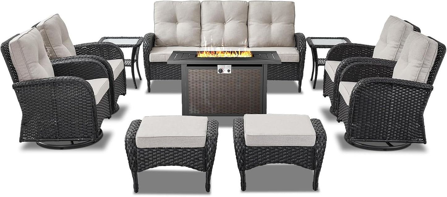Expansive 10 Pieces Outdoor Patio Furniture Set with 43” Propane Fire Pit Table, Patio Conversation Set with Swivel Rocker Outdoor Chairs Set of 4 and Sofa, Ottoman and Wicker Side Table Black