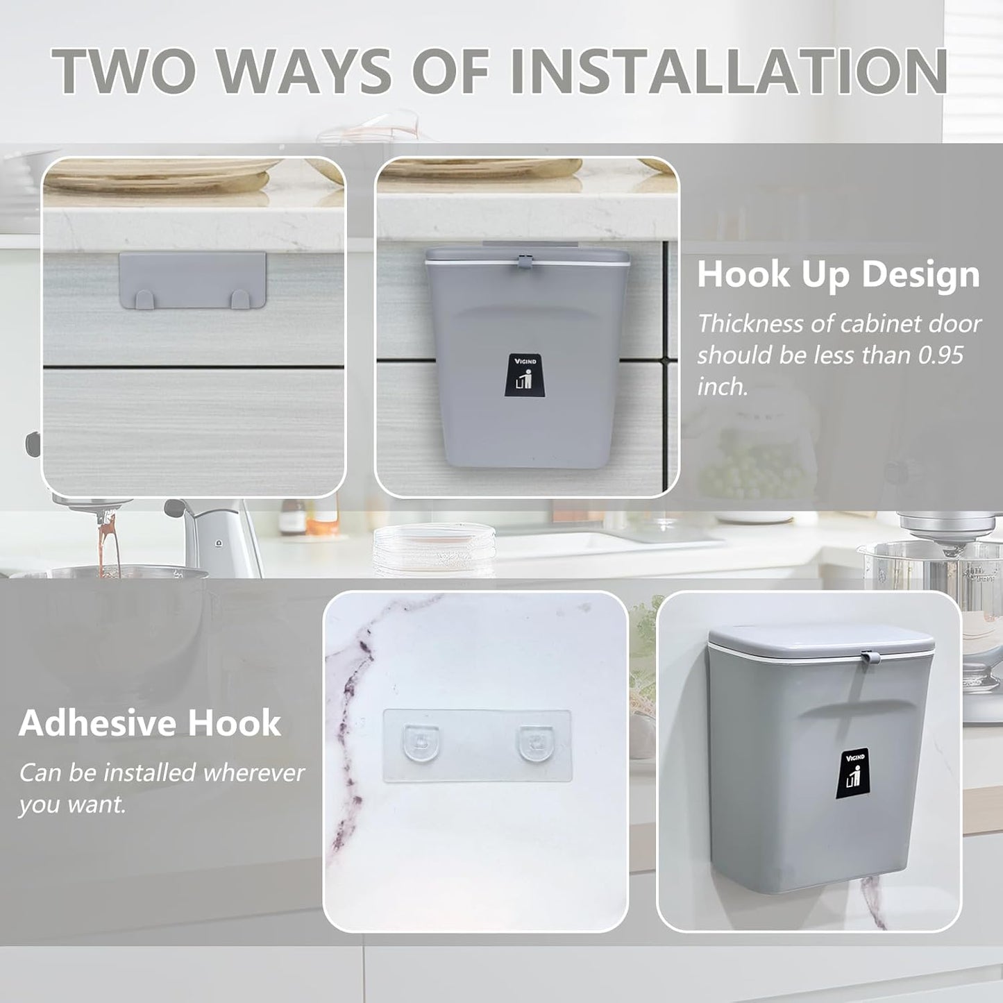 9L/2.4 Gallon Hanging Trash Can for Kitchen Cabinet Door with Lid, Small Under Sink Garbage Can,Trash Bin for Bathroom,Wall Mounted Counter Waste Kitchen Compost Bin,Plastic (Gray)