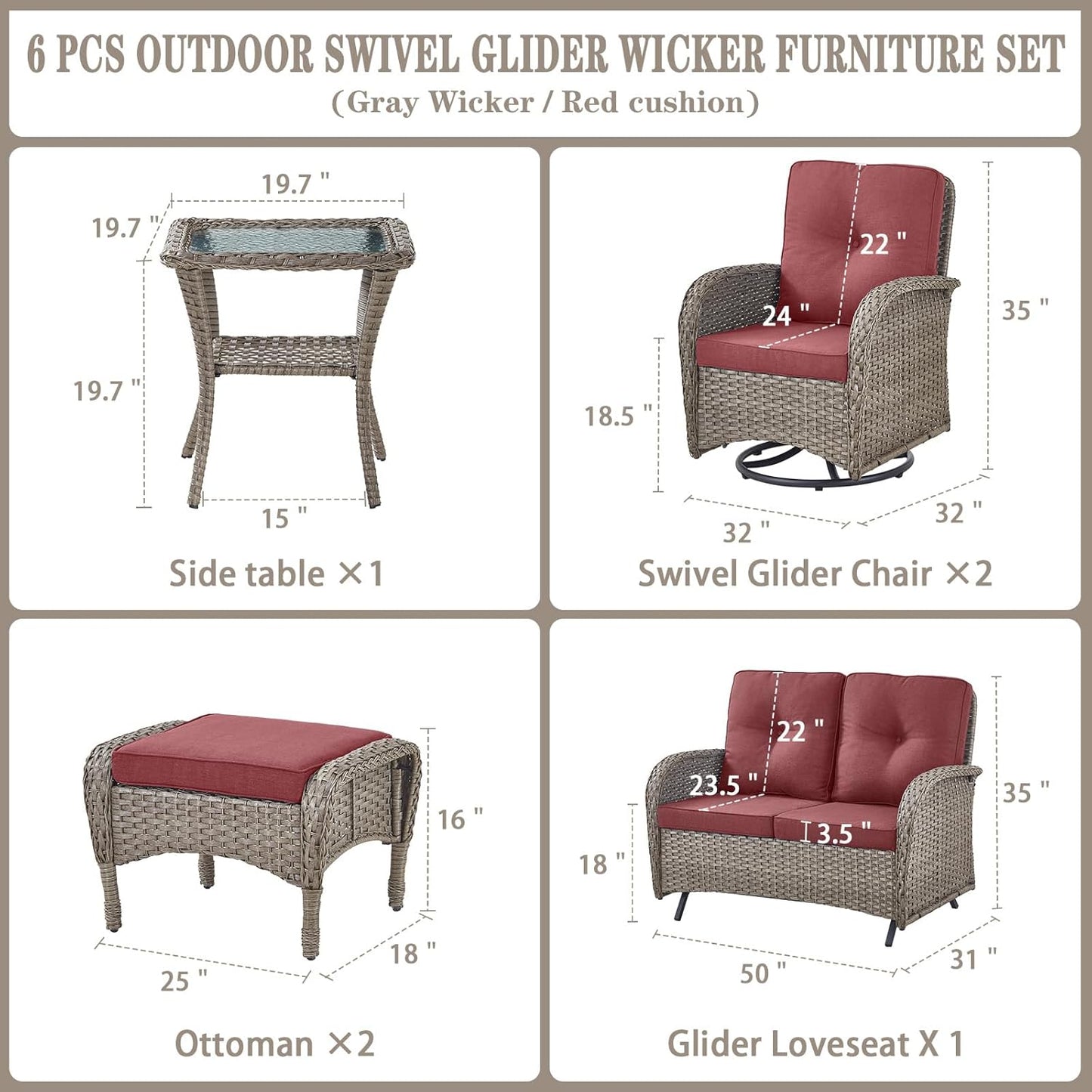 6 Pieces Wicker Patio Conversation Sets with Outdoor Swivel Rocker Chairs and Loveseat Glider Chair, All-Weather Rattan Furniture Set for Patio Deck Backyard Sunroom