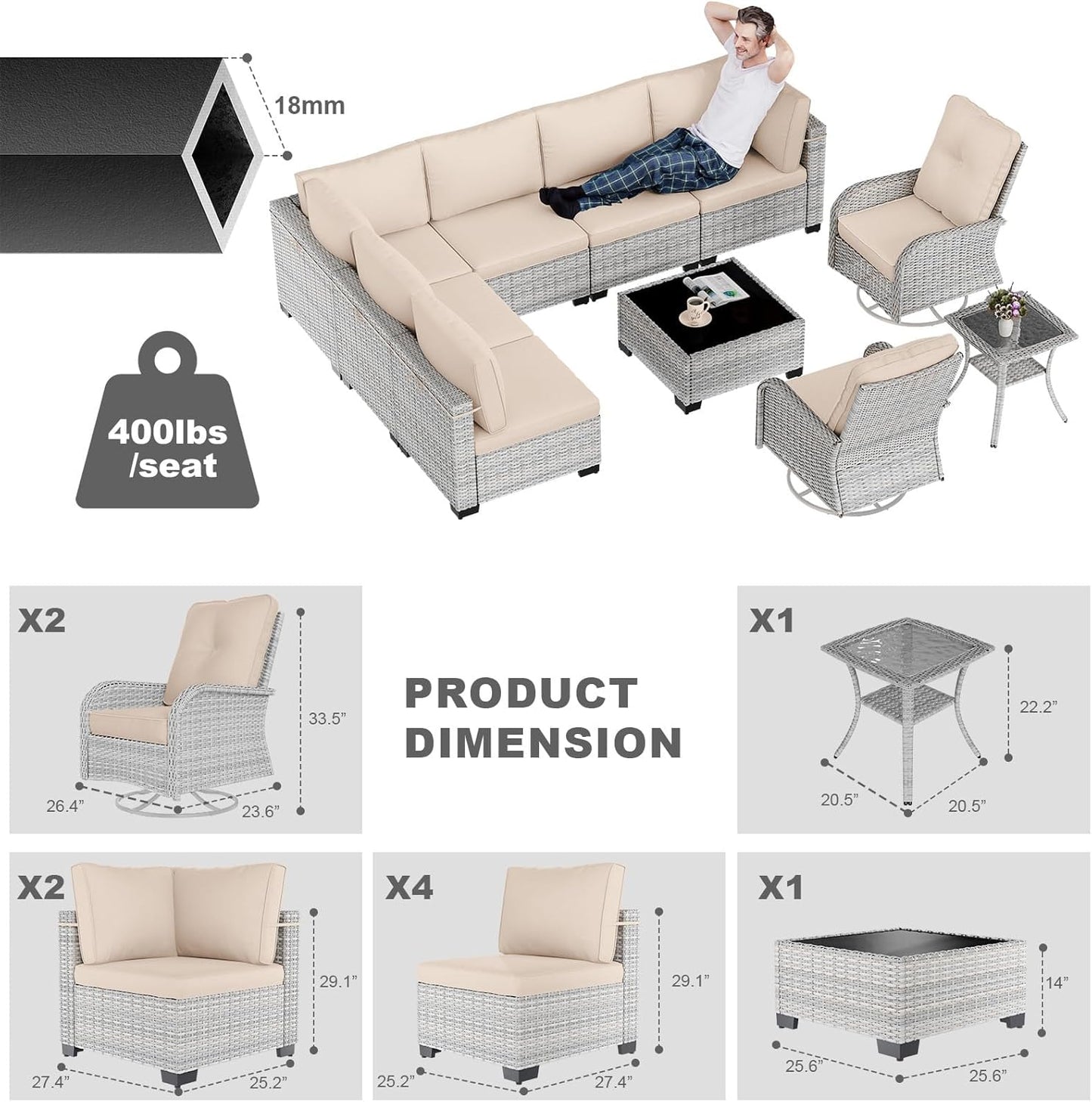 10-Piece Patio Furniture Set, Outdoor Patio Furniture with Swivel Chairs Set, Thick Cushions, Modular Patio Sofa, Dual-Strand Wicker Rattan, Rust-Resistant Frame, Sand