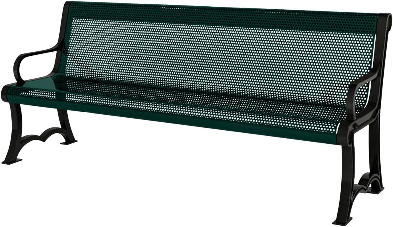 Coated Outdoor Furniture Heavy-Duty Outdoor Bench Thermoplastic Coated, Punched Steel, Commercial-Grade Garden Bench, Made in America (Portable with Back, 4 Ft, Dark Green)