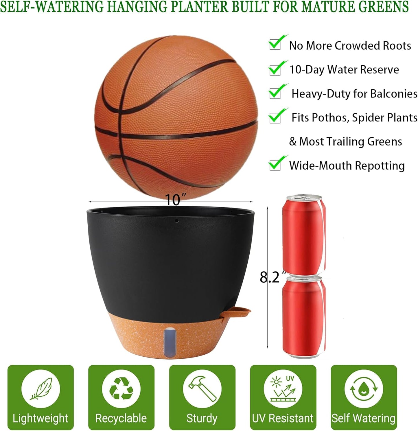 10 Inch Hanging Planters for Indoor Plants, 2 Pack Self Watering Hanging Baskets Flower Pots with Drainage Hole, Visual Reservoir & 2 Kinds of Plant Hanger for Outdoor Garden Home Decor（Black）