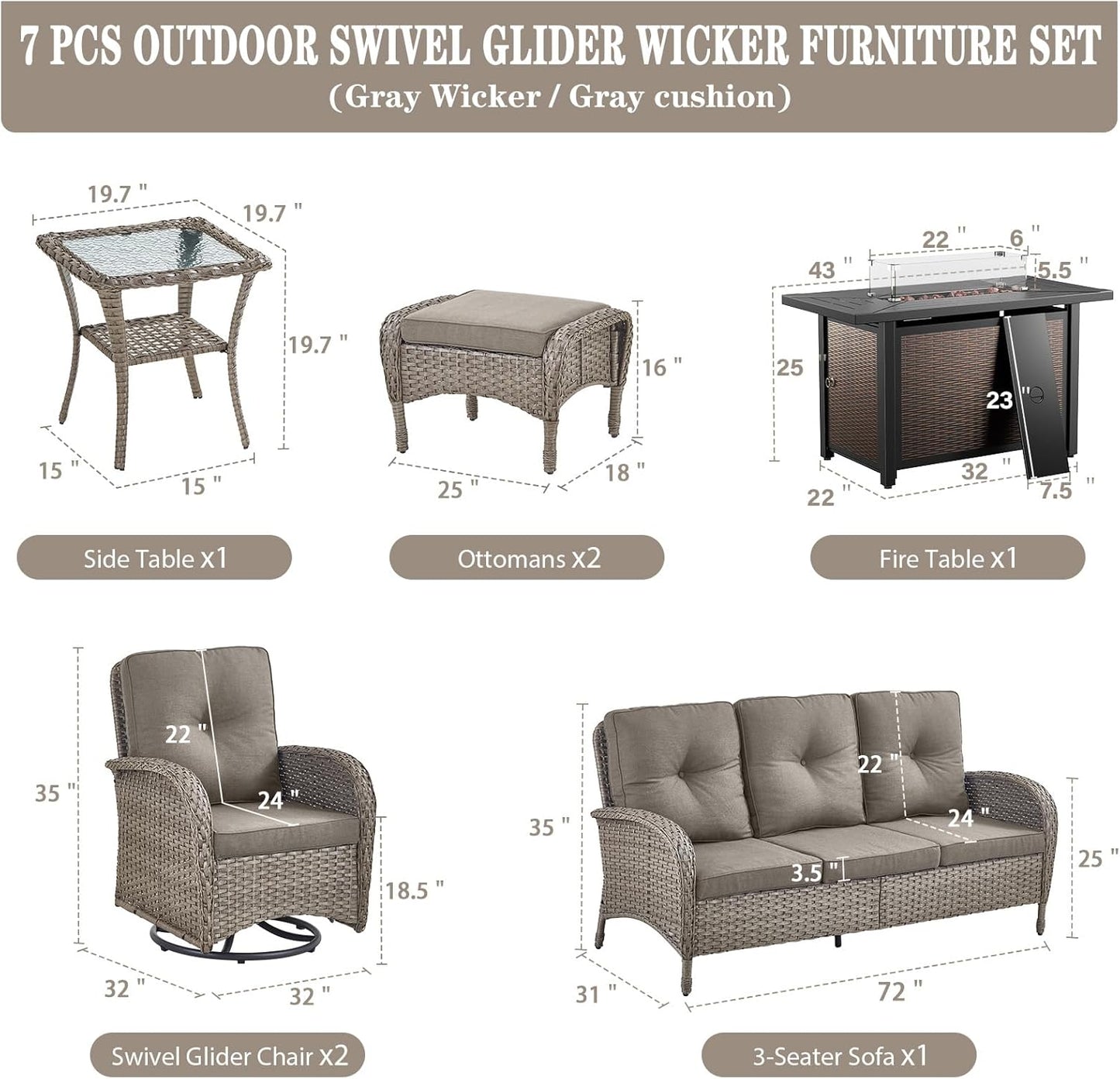 8 Piece Patio Furniture Set with 50000 BTU Propane Fire Pit Table, Outdoor Conversation Set with 2 Swivel Rocker Chairs Wicker Sofa and Ottomans for Casual Gatherings Grey Wicker