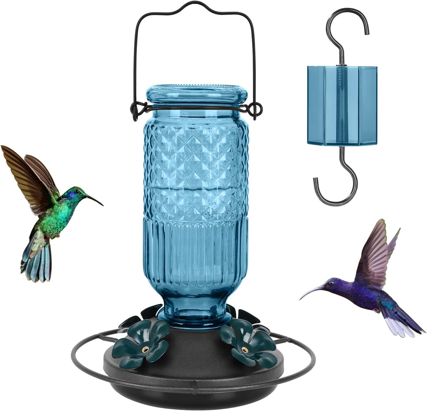 FEED GARDEN Glass Hummingbird Feeder for Outdoors Hanging, 16 OZ Humming Birds Feeders with 4 Bee Guard Feeding Ports & Built-in Ant Moat, Hummingbird Gifts for Mom, Bird Feeder for Outside, Blue