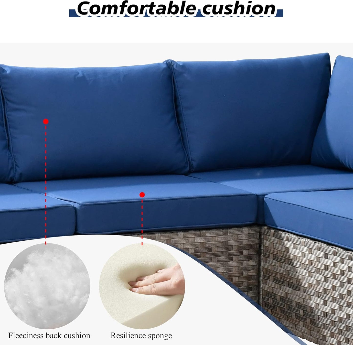 HOOOWOOO Modular Patio Outdoor Sectional Furniture Set with Gas Propane Fire Pit Table,7 Piece Wicker Conversation Sofa Set,Out Door Couch Set with Wide Arm Outside(Navy Blue)