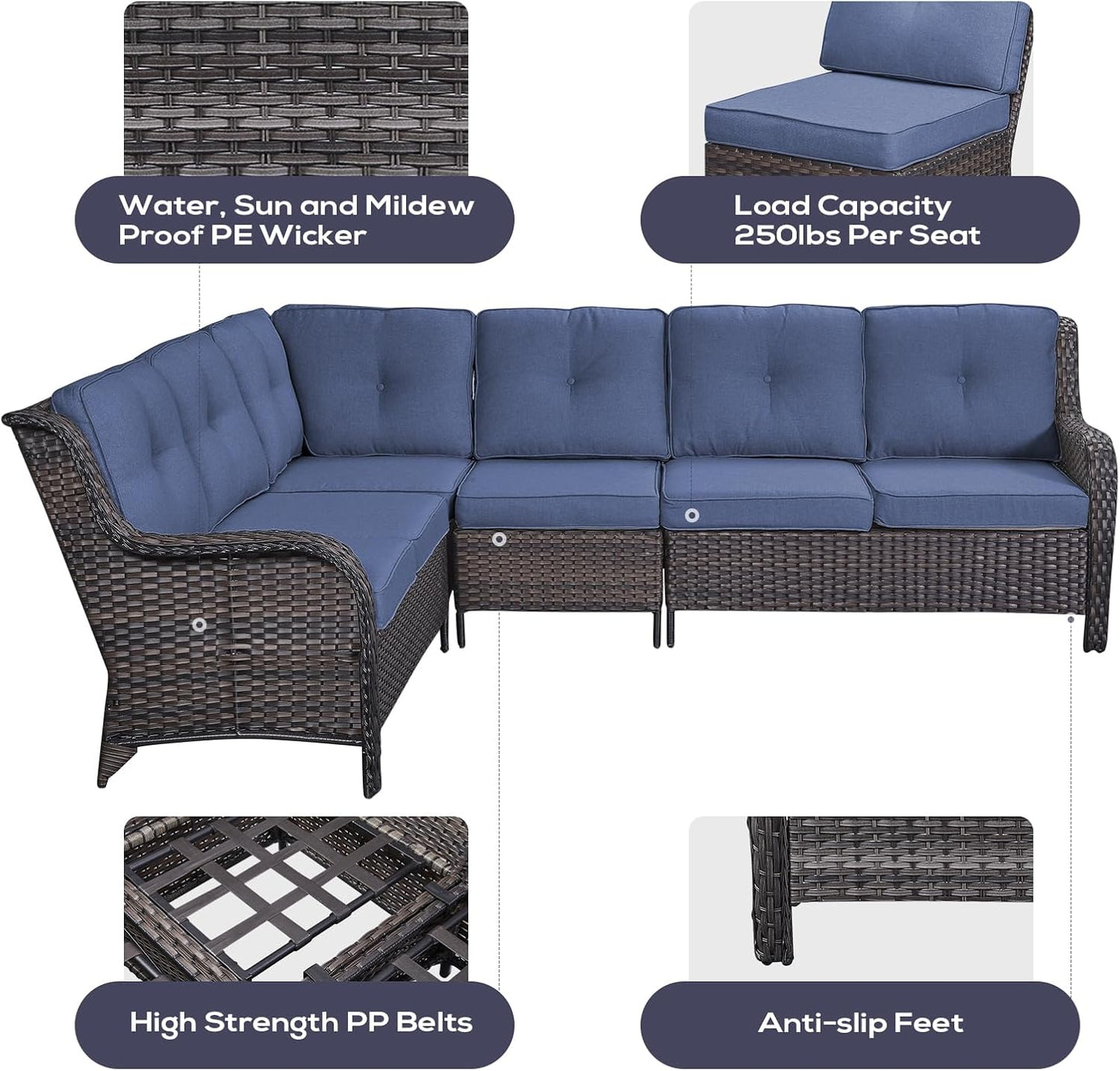 Outdoor Sectional Furniture Sofa Set with 50000BTU Propane Fire Pit Table, Wicker Patio Conversation Set with 2 Swivel Rocker Glider Chairs Blue Cushion Perfect for Backyard Casual Gathering