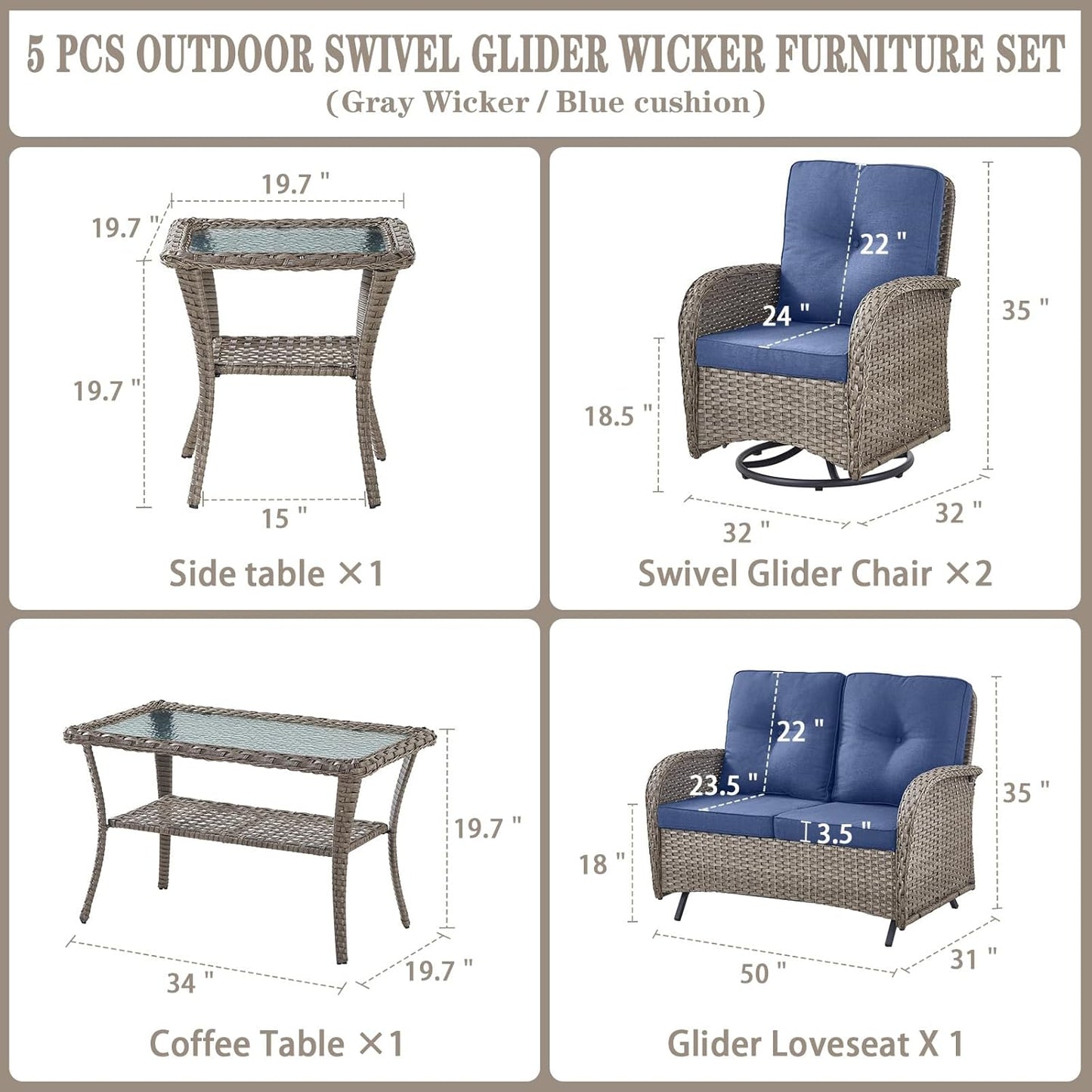 5 Piece Outdoor Patio Furniture Set with Deep Seating Swivel Rocker Chairs Loveseat and Rattan Coffee Table Outdoor Conversation Sets for Deck Backyard Poolside,Gray Wicker