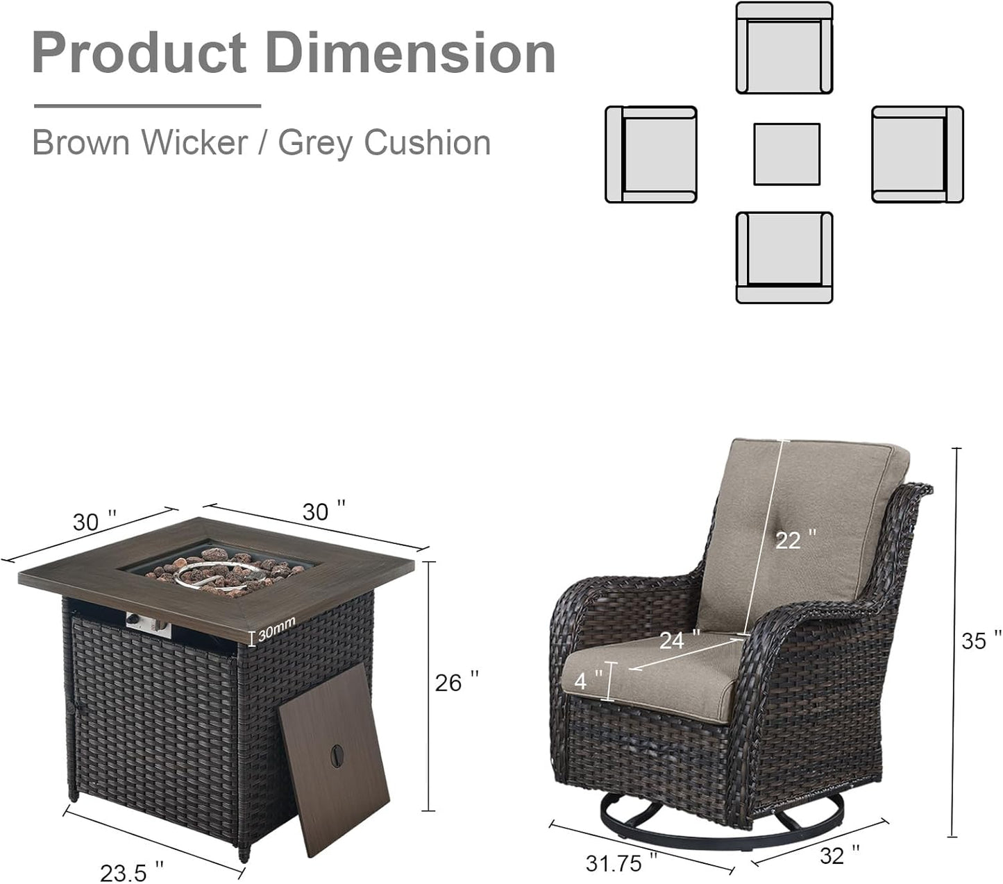 5 Pieces Patio Wicker Furniture Set - 4 Outdoor Swivel Rocker Glider Chairs with 50000BTU Propane Fire Pit Table, Warm Patio Conversation Set Grey Cushion Perfect for Casual Gathering
