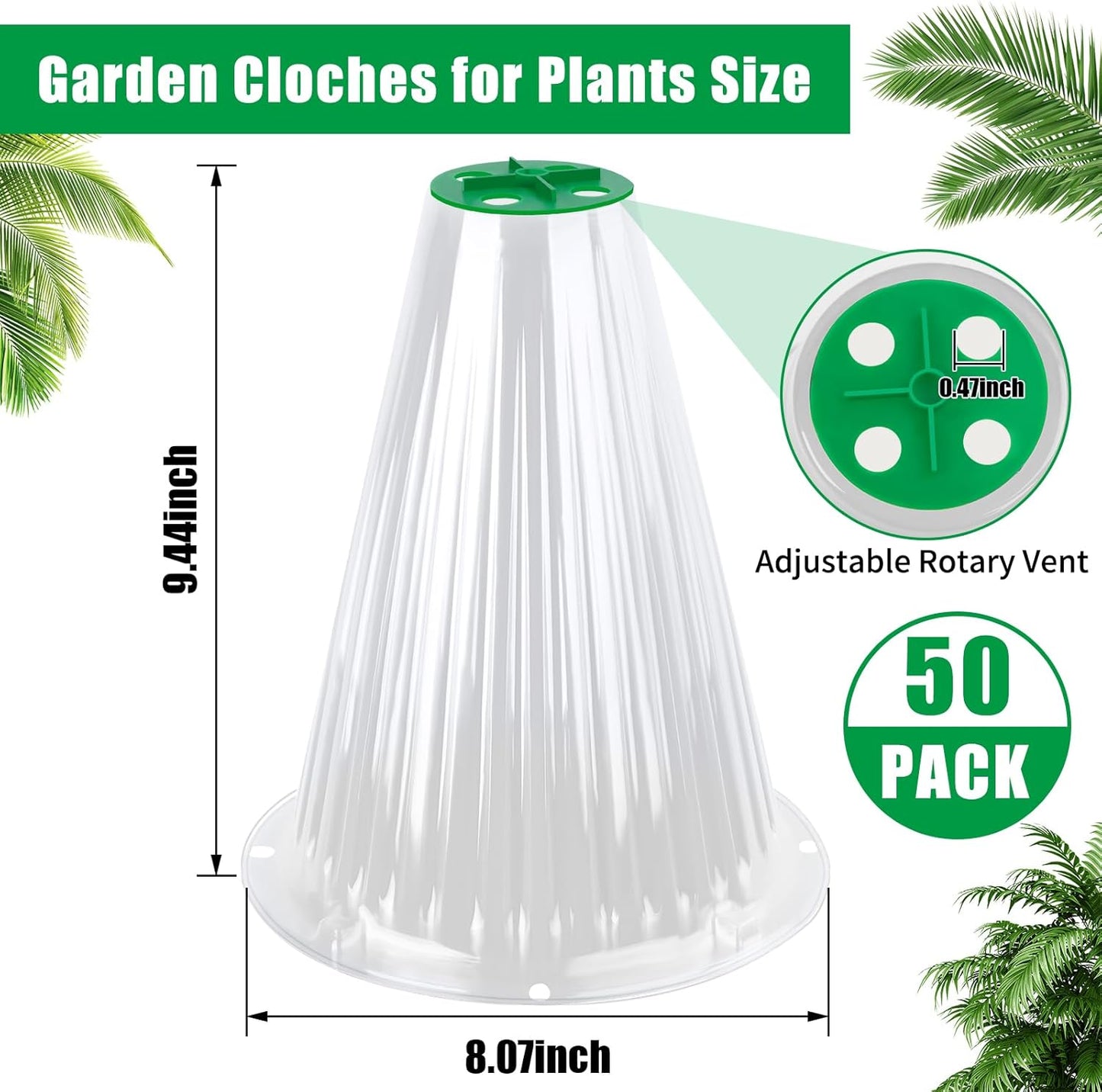 UQM 50 Pack Garden Cloches for Plants, Reusable Bell Plant Protector with Rotary Vent Cover, Garden Protection from Animals Snails Birds Chickens Insect, 9.44" H X 8.07" D (Clear)