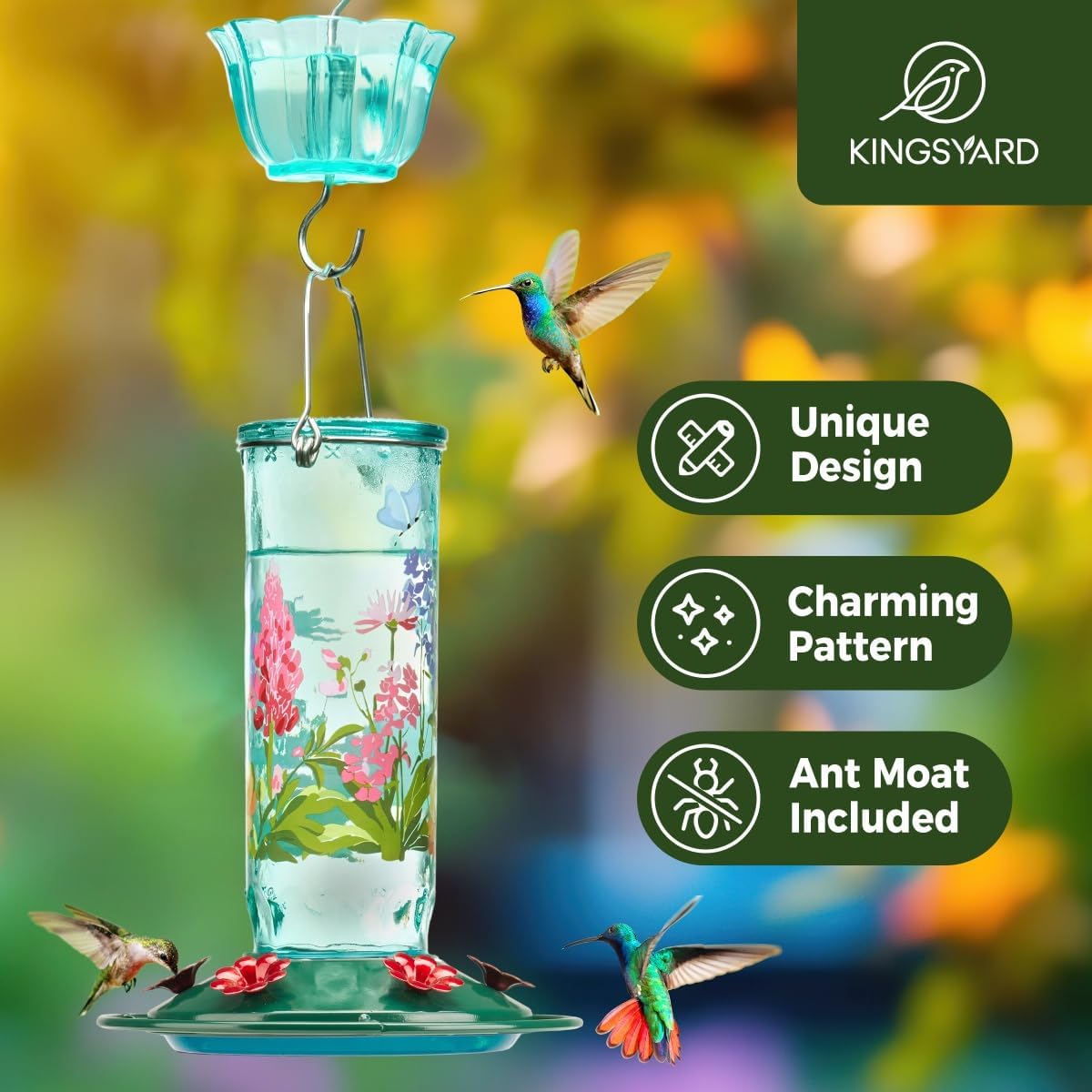 Kingsyard Hummingbird Feeder for Outdoor Hanging - Charming Patterned Glass Humming Bird Feeder with 6 Feeding Ports and Ant Moat, Ideal Gift Choice for Bird Lovers, Blue