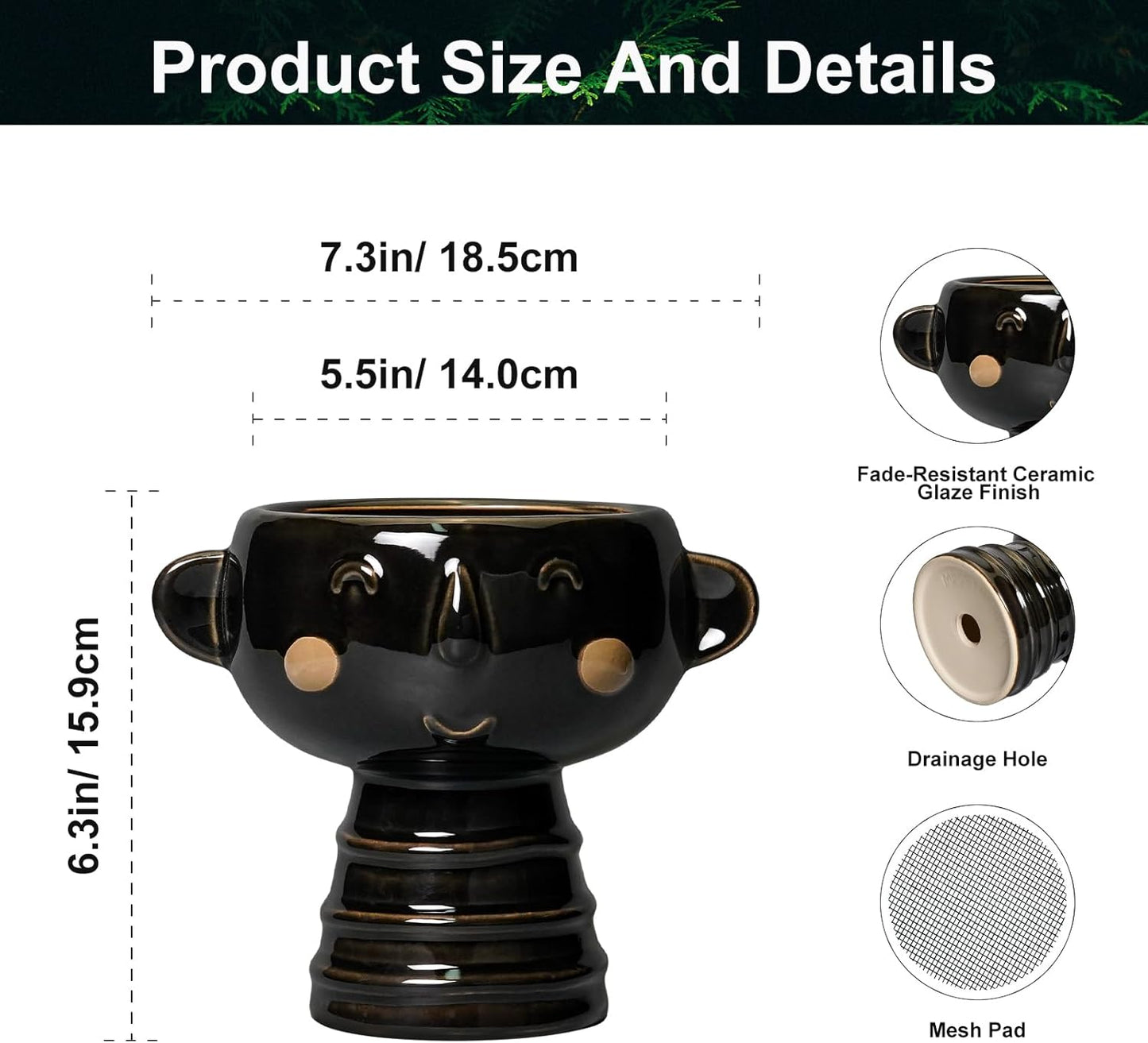 Face Planter - 7 Inch Ceramic Head Planters for Indoor Plants Outdoor, Cute Succulent Pots with Drainage Hole, Decorative Plant Pot, Home Office Room Decor, Black