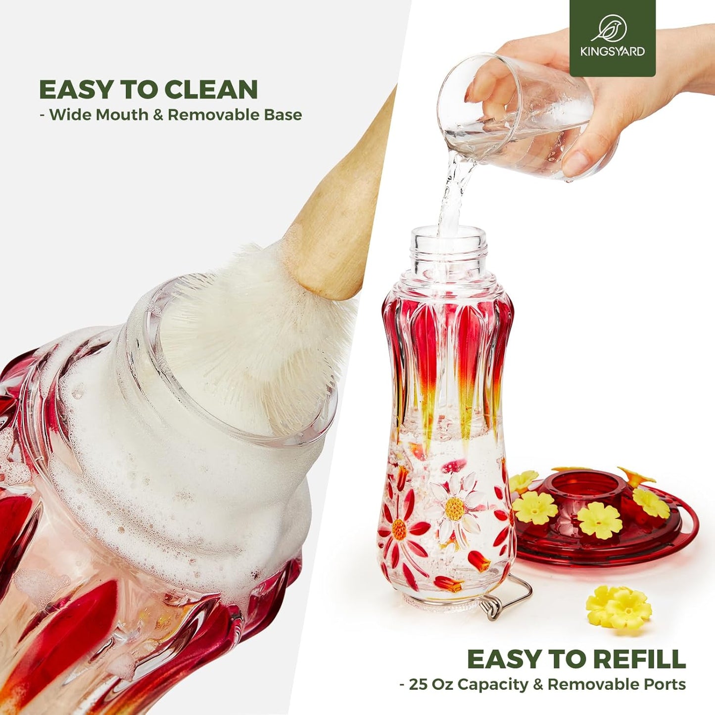 Kingsyard 2 Pack Glass Hummingbird Feeders for Outdoors Hanging, Hummingbird Nectar Feeder with Ant Moat & 6 Feeding Ports, 25 Oz Leak Proof, Red