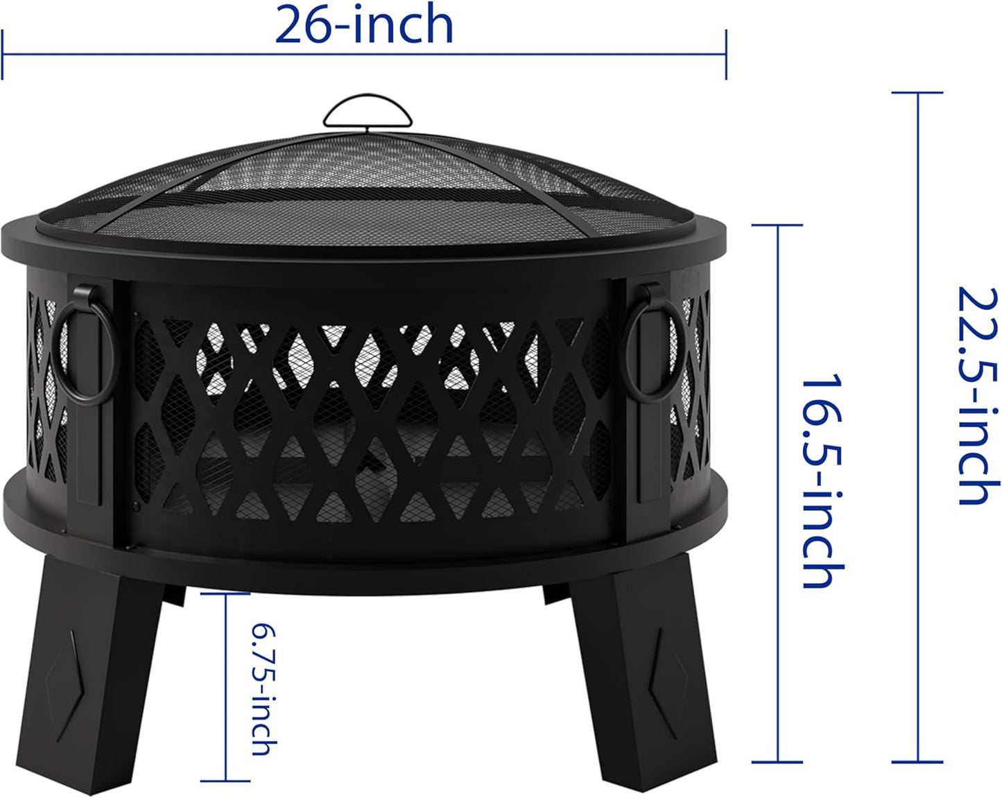 Fire Beauty 26" Steel Fire Pit with Grill & Diamond Mesh Design,360° Airflow Tech for 80% Less Smoke,XL Flames,Heavy-Duty Portable Outdoor Fire Bowl for Camping, Backyard, Beach (22lbs, 4 Handles)