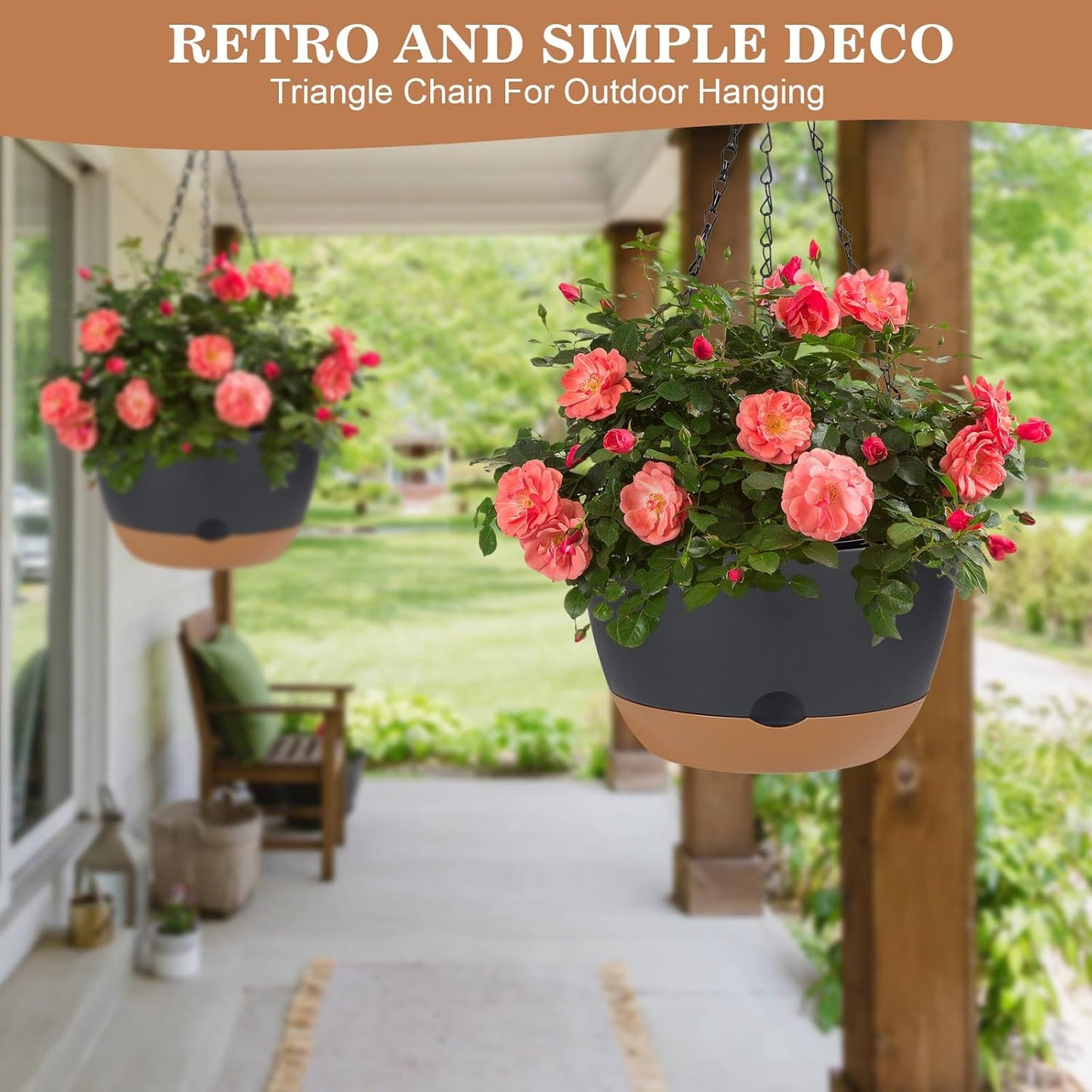 3 Pack Hanging Planters Set, 10 + 10 + 8 Inch Self-Watering Hanging Plant Pot, Macrame Plant Hanger with Pot, Ceiling Hooks, Removable Saucer and Drainage Holes for Indoor, Outdoor Plants - Black