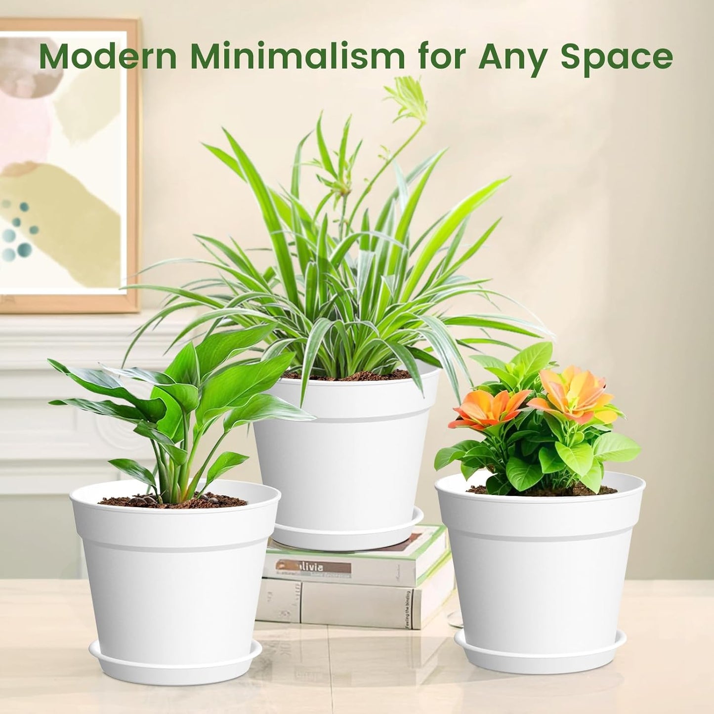 10 Pack 6 Inch Plant Pots with Drainage and Saucers, White Plastic Flower Pots for Indoor and Outdoor Plants, Stackable Nursery Planters for Houseplants and Herbs, White