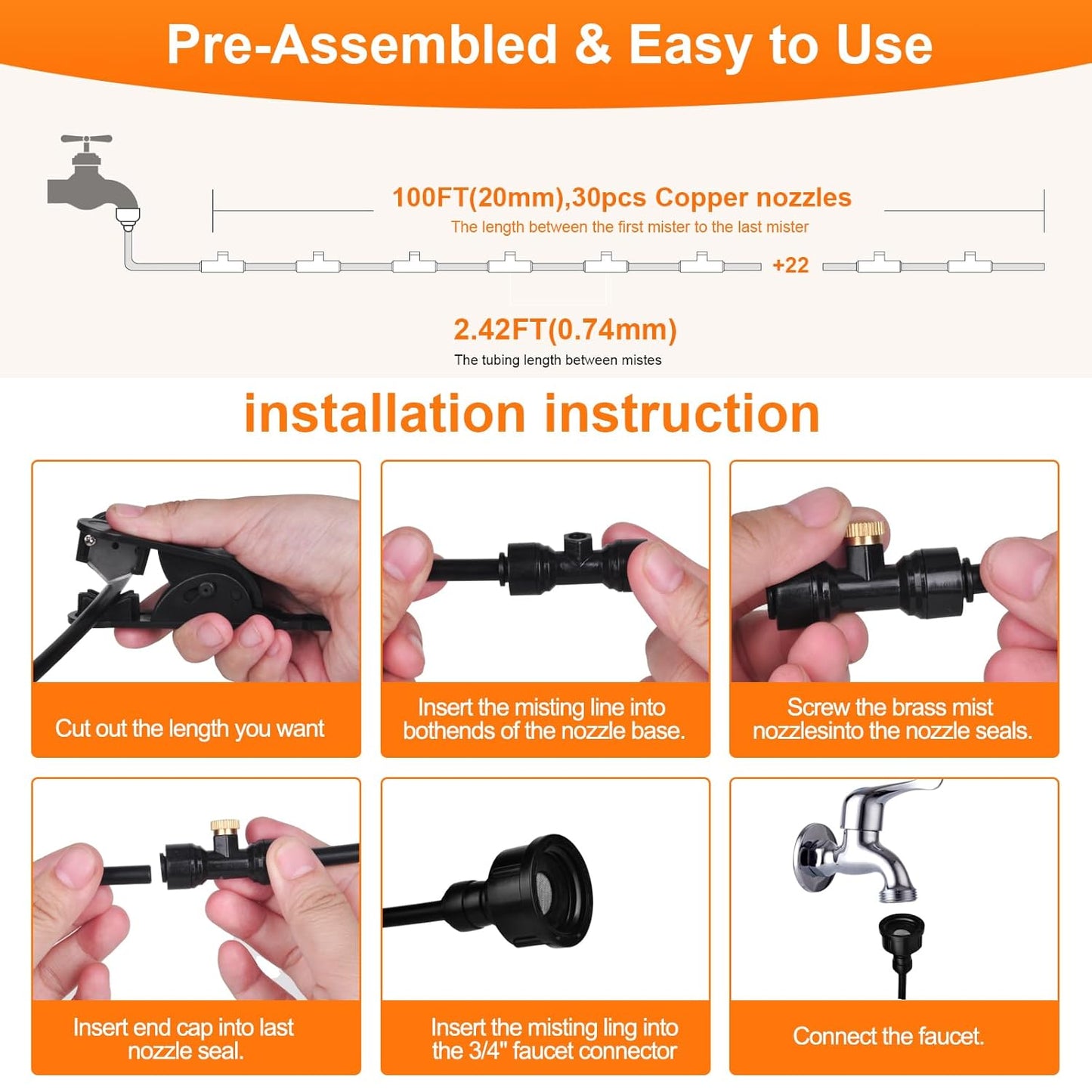 Misters System, 100FT DIY Outdoor Misting Cooling System Comprise +2 PE Adapters3/4+30 Brass Mist Nozzles+2 Tee Adapters+2 90 Degree Elbows, for Garden, Outside Patio Pasture and waterpark