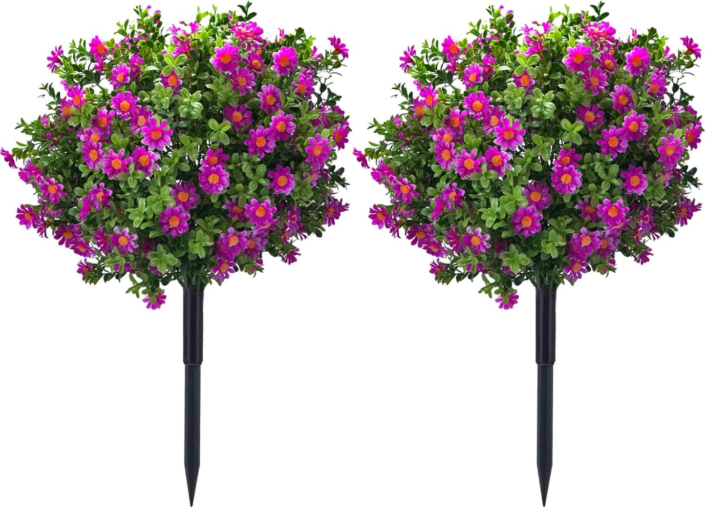 23.6" Artificial Boxwood Topiary Ball Trees with Purple Flowers, Set of 2 UV Resistant No Fade Outdoor Faux Plants with Ground Spike, Fake Shrubs for Garden, Patio, Porch, Yard, Indoor Decor