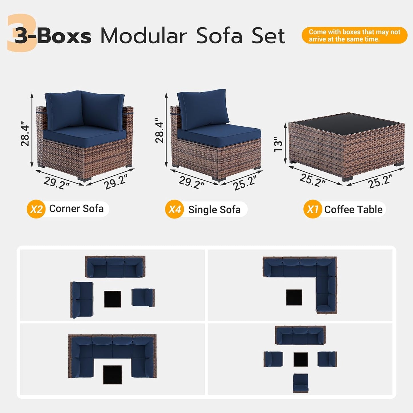 UDPATIO Patio Furniture Set, 7 Piece Outdoor Sectional Sofa, Modular Wicker Outdoor Furniture Conversation Sets with Waterproof Cover for Backyard Deck(Brown/Navy Blue)