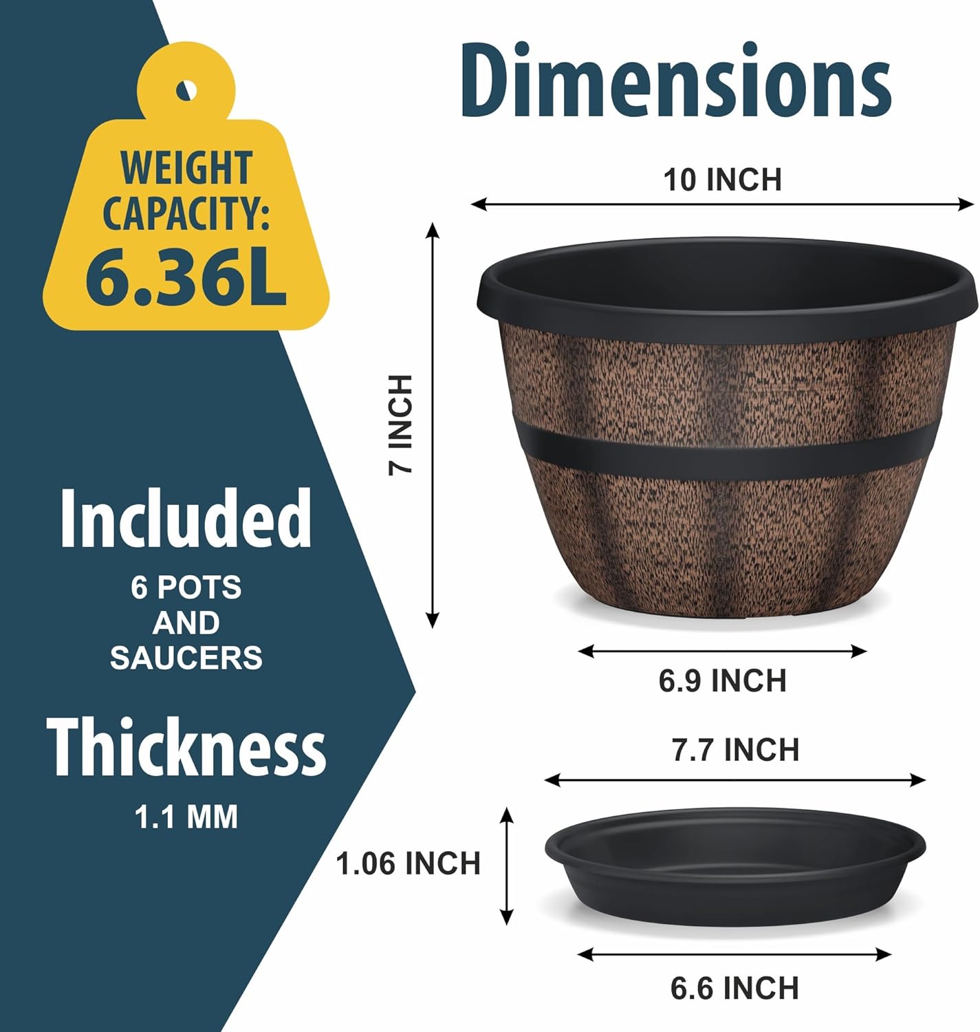 10-Inch Whiskey Barrel Planters Outdoor Pack of 6, Plastic Decoration Plant Pots for Indoor & Outdoor Use with Drainage & Saucer, Rustic Garden Planters for Flowers, Small Plants & Herbs