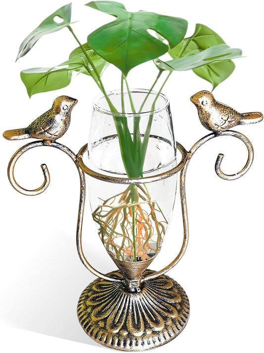 POXOH Vintage Glass Planter - Metal & Glass Propagation Vase with Gold Dual Birds Art, Retro Indoor Planter for Hydroponic Plants, Office Desk Decor, Living Room Centerpiece
