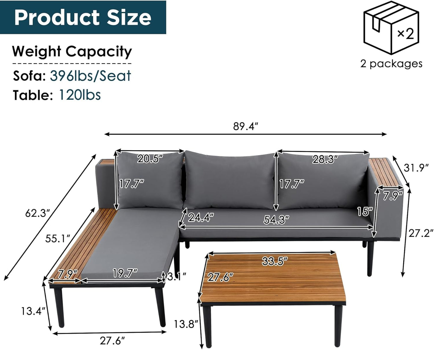 Acacia Wood Patio Furniture Set, Luxury Outdoor Conversation Sectional Sofa with Removable Cushions and Coffee Table, Side Table, L-Shaped Sofa Set for Backyard, Porch (Gray/17)