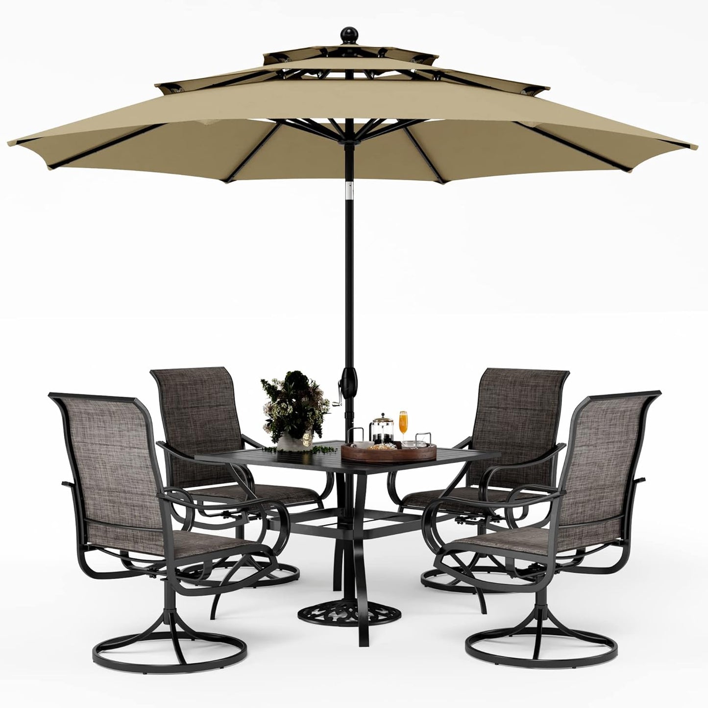 PHI VILLA Patio Dining Set with Umbrella for 4, Outdoor Table & Chairs Set with 4 Padded Swivel Patio Dining Chairs, 1 Square Metal Dining Table and 10ft Beige Large Patio Umbrella (No Umbrella Base)