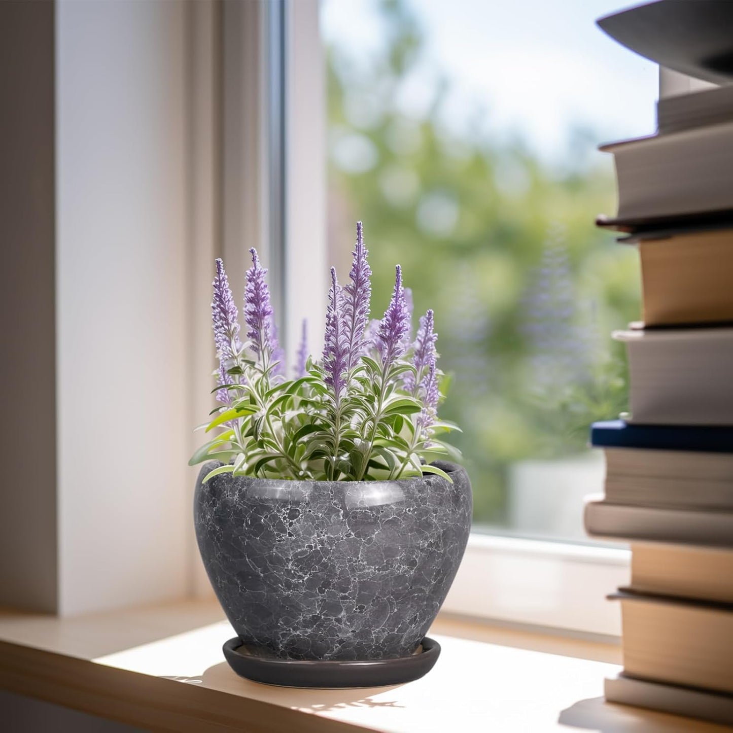 Ceramic Planter - 6 Inch Plant Pot with Drainage Hole and Saucer, Succulent Pot Glaze Round Flower Pot for Indoor Outdoor Plants, Gray