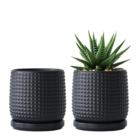 D'vine Dev Set of 2 Ceramic Plants Pots, 4 Inch Beaded Stoneware Flower Pot for Plants with Drainage Hole and Saucer, Ebony Matte, 27-E-Z-6