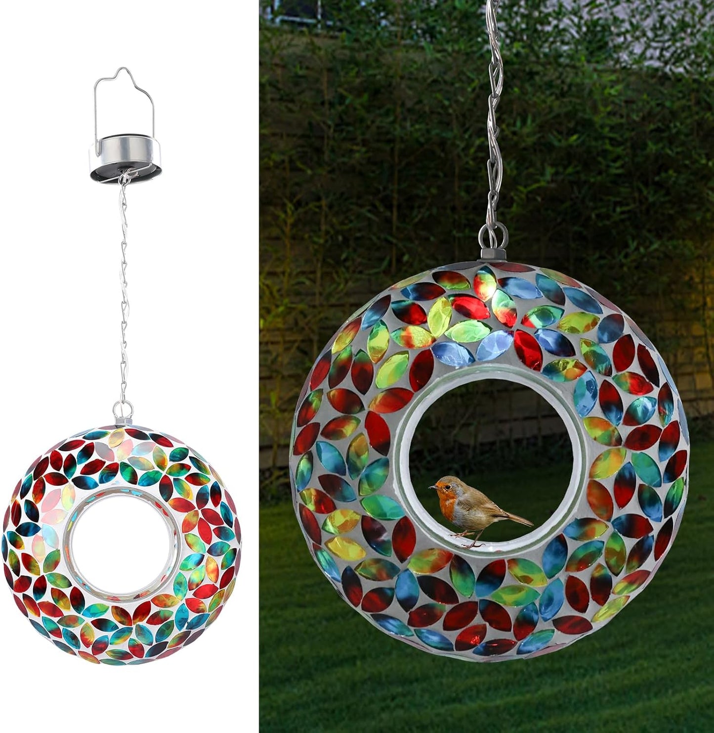 VCUTEKA Mosaic Bird Feeder Solar Fly Through Birdfeeder for Outside Hanging Round Shape Glass Container to Attract More Wild Bird Feeders for Garden Decor as Gift for Bird Lovers, Red 10-Inch