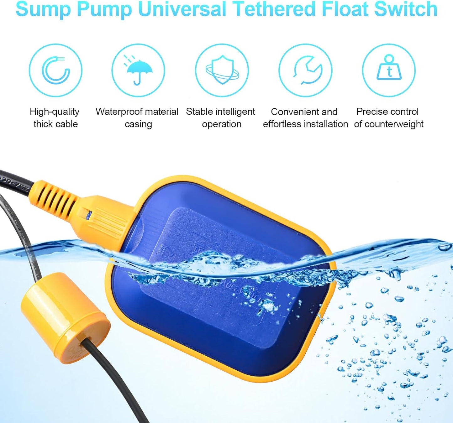 (With Counterweight) Sump Pump Universal Tethered Float Switch AC 15A 110~250V Piggyback Style Plug with 10 Feet Cord, Used in Sewage Pump, Water Tank, Septic Tank Pump, etc.